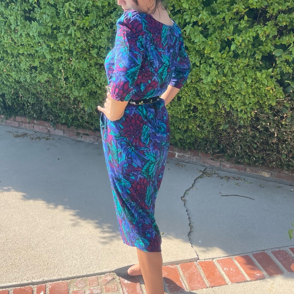 Vintage 80s Floral Midi Dress Secretary Tea Modest Bold Shoulder Pads Vtg Large - Picture 3 of 15